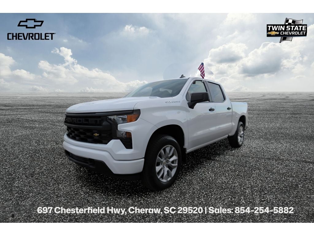 2026 Chevrolet Silverado 1500 Custom in Summit White — front three-quarter view