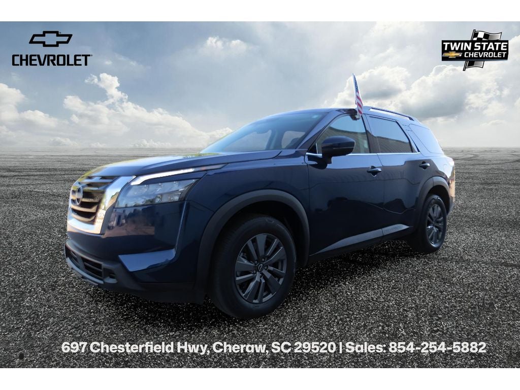 2025 Nissan Pathfinder SV in Blue — front three-quarter view